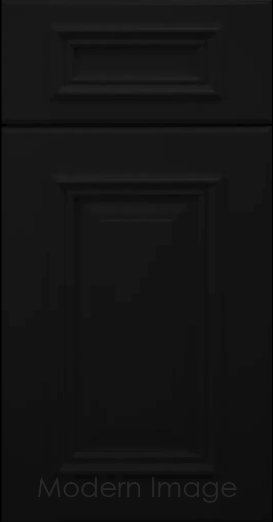 Hamilton cabinet door in Black color with double raised panel and mitered elevated molding.